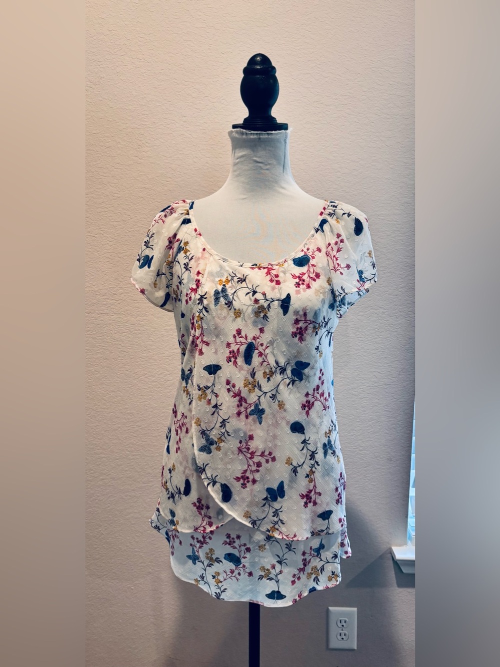 Tamara H. Butterfly Floral Swiss Dot Layered Blouse